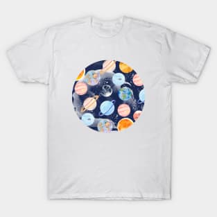 Planets | Watercolor | Navy Texture T-Shirt